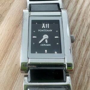 Fontenay Paris ladies rectangular silver tone black ceramic watch NEW BATTERY